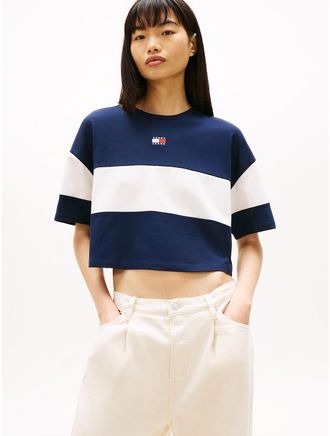 Tommy Hilfiger Womens Tommy Jeans Colorblock Cropped T-Shirt - Blue - XL