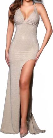 Johnathan Kayne Flared Deep V Neckline Gown In Latte