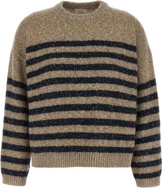 Brunello Cucinelli Trui met pailletten en strepen - Dames - Ronde hals truien - Bruin - XS - Pailletten - Truien & Vesten