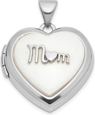 Diamond2Deal 14k Gold Polished White Agate MOM Script 18mm Heart Locket