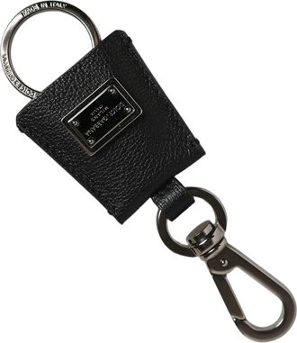 Dolce & Gabbana Textured Leather with Logo Plaque Key Case - Black