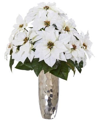 Nearly Natural Poinsettia Artificial Arrangement in Silver Cylinder Vase