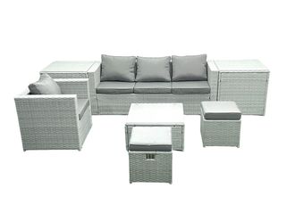 Fimous Garden Outdoor Furniture Set 6 Seater Rattan Sofa Set with Big Footstool Armchair 2 Side Tables Light Grey Mixed