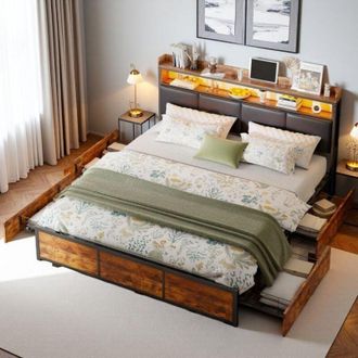 OEM Cama Doble 140x200 - Cofre Con Cajones - Iluminaci&oacute;n Inteligente - Dise&ntilde;o Industrial-natural - Negro