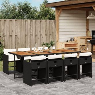 vidaXL Set De Comedor De Jard&iacute;n 9 Pzas Y Cojines Rat&aacute;n Sint&eacute;tico Negro Vidaxl