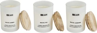 Beliani Conjunto De 3 Velas Arom&aacute;ticas 100% Cera De Soja Mecha De Algod&oacute;n Vidrio Blanco Fragancia &Aacute;mbar Blanco/t&eacute; Blanco/jazm&iacute;n Blanco Vidrio Cl&aacute;sico Simplici