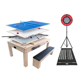 MonsterShop 7-In-1 Oak Games Table, Darts Bundle & LED Light in Beige