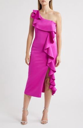 Black Halo Maris Ruffle One-Shoulder Midi Dress in Vibrant Pink at Nordstrom Rack, Size 10