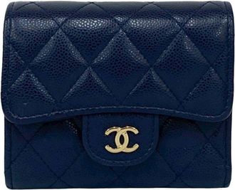 Chanel Navy Grained Calfskin Wallet (Tri-Fold) (Pre-Owned)