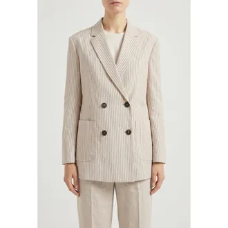 Brunello Cucinelli Womens Beige Pinstripe Double Breasted Blazer, Size 44