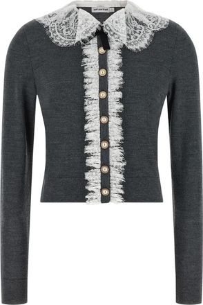 Self Portrait Gebreid vest met kanten kraag - Dames - Vesten - Grijs - L - Leer - Truien & Vesten