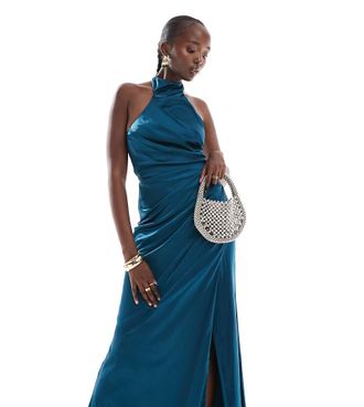 Tfnc Tall Vestito lungo accollato allacciato al collo in raso color verde-azzurro-Blu