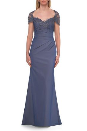La Femme Embroidered Lace Sleeve Gown with Keyhole Back in Slate Blue at Nordstrom, Size 10