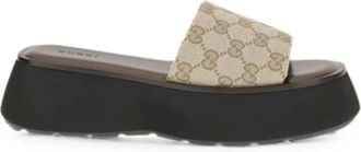 Gucci Schoenen, Dames, Beige, 38 EU, Leer, GG Canvas Platform Slide