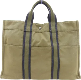 Herm&egrave;s Khaki Navy Canvas Tote Bag (Pre-Owned)