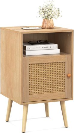 Costway Costway - Mesita De Noche De Rat&aacute;n, Mesa Auxiliar Con Estante Abierto Y Puerta Decorada De Rat&aacute;n Pe, Patas De Madera Maciza, Mesilla De Noche De Estil