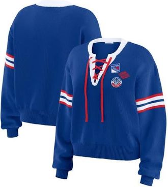WEAR by Erin Andrews Womens WEAR by Erin Andrews Blue New York Rangers Cropped Lace-Up Sweater at Nordstrom, Size Xx-Large