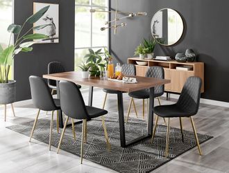 Furniturebox Kylo Large Brown Wood Effect Dining Table & 6 Corona Gold Leg Faux Leather Chairs in Black