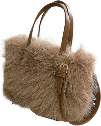 Generic Compatible For Faux Fur Tote Bag Womens Bucket Plush Handbags Soft Winter Crossbody Shoulder Bags(Light brown)