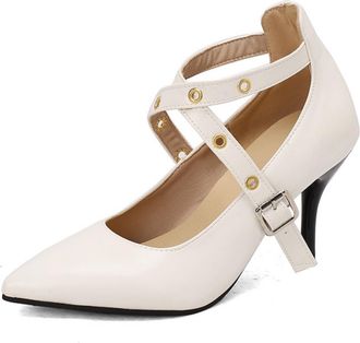 Generic Womens Cross Strap Dress Pumps with Buckle Stiletto High Heel Party Prom Shoes Pointed Toe Faux Suede Formal Shoes,White Leather,7.5 UK