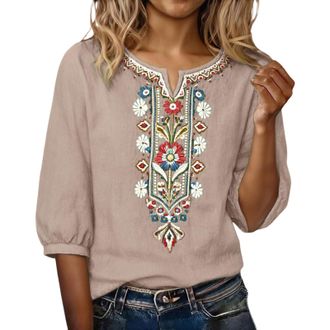 Generic Going Out Tops for Women Uk Boho Tops for Women UK Cotton Linen Half Sleeve Embroidery Blouse Elegant Casual Summer Breathable T Shirts Lightweight Fa