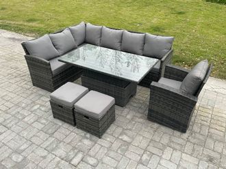 Fimous Wicker PE Outdoor Rattan Garden Furniture Set Height Adjustable Rising Lifting Table Sofa Dining Set with 2 Small Footstools Armchair