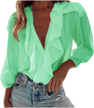 Generic Long Sleeve Chiffon Blouses for Women UK Ruffle V Neck Button Down Shirts Elegant Party Dressy Tops Solid Casual Office Tunic Shirts Puff Sleeve Holid