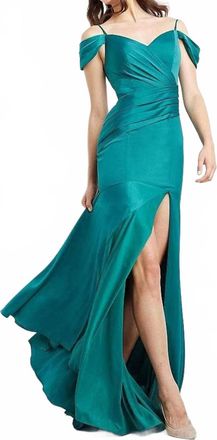 Jovani Cold Shoulder Pleated Bodice High Slit Long Dress In Emerald
