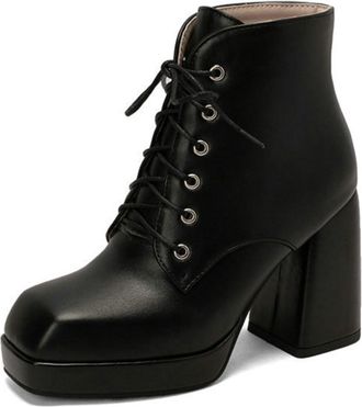 Generic Womens Square Toe Platform Chunky Heel Ankle Boots Lace-Up Punk Booties,Black,1.5 UK