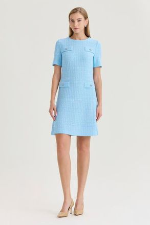 Ming Wang x Family Savvy A-Line Tweed Texture Above-the-Knee Dress in Serene/white at Nordstrom, Size Xx-Small