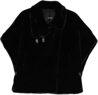 Pinko Oversized Black Faux Fur Coat With High Collar And Unique Buckle Closures