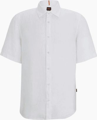 HUGO BOSS Mens Rash_2 Regular Fit Linen White Shirt - Size: 44/Regular