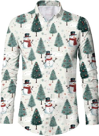 Generic Mens Christmas Shirts Long Sleeve Button Down Cute Christmas Tree Graphic Print V Neck T Shirts Tee Tops Xmas Outfits for Holiday Party White