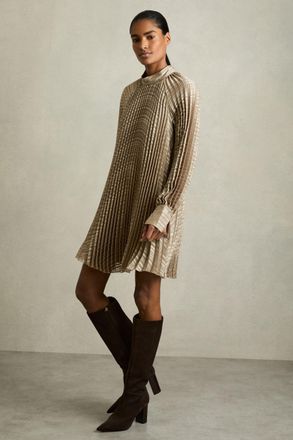 Reiss Womens Green & Cream Pleated Belted Mini Dress, Size: 8