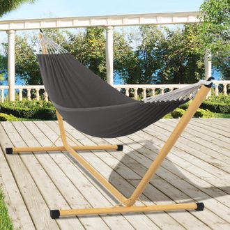 IDMarket Hamaca Con Soporte Met&aacute;lico Efecto Madera Y Lona Gris Antracita