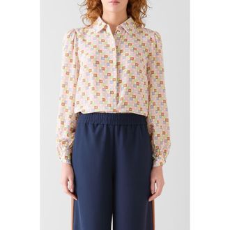 L.k. Bennett Mari Print Twist Cuff Silk Shirt in White Multi at Nordstrom, Size 16 Us