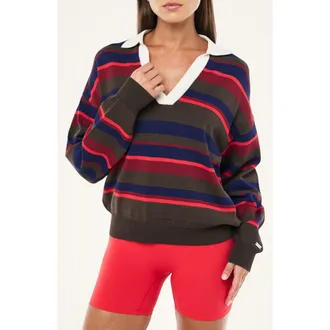 P.E Nation Retreat Stripe Johnny Collar Sweater in Strawberry Stripe at Nordstrom, Size X-Large