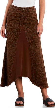 Wash Lab Denim Leopard Print Pieced Denim Midi Skirt in Brown Leopard at Nordstrom, Size 29