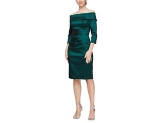 Alex Evenings Short The Shoulder Taffeta Dress with Ruched Waist Detail Womens Dress Emerald Green : 16, Nylon/Polyester/Spandex