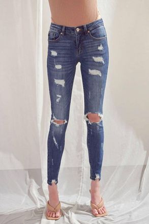 Kancan Mid-Rise Distressed Super Skinny Jeans In Medium Wash