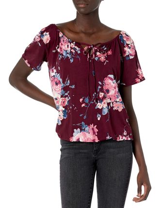 Star Vixen Womens Slit Sleeve Peasant Top Blouse, Burgundy Floral, Large