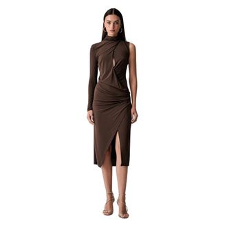 Pinko Pinko - Asymmetrische Viscose Midi Jurk - Dames - Jurken - Bruin - Maat: M Viscose