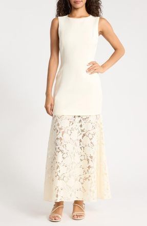 Ever New Joan Mixed Media Lace Midi Dress in Buttercream at Nordstrom, Size 12