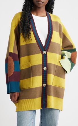 Dressed in Lala Your Grandpa Wears Lala Oversize Cotton Blend Cardigan in Yellow And Tan Strip at Nordstrom, Size Small