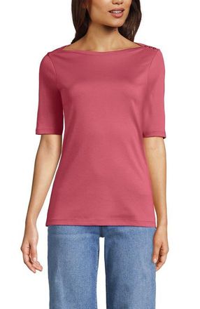 Lands End Supima Cotton Elbow Sleeve Boatneck Button Shoulder Tee in Soft Mojave Rose at Nordstrom, Size X-Large P