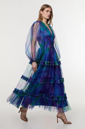 Karen Millen Womens Dark Floral Tulle Plunge Balloon Sleeve Maxi Dress - Blue - Size 10 UK