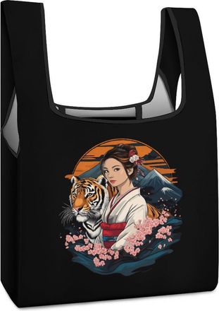 Generic Japanese Kimono Tiger Cherries Flowers Reusable Shopping Bags Lightweight Foldable Grocery Bag Polyester Washable Tote Bag