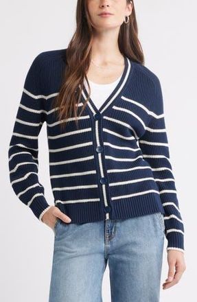 Caslon Shaker Stitch Short Cardigan in Navy- Ivory Fae Stripe at Nordstrom Rack, Size X-Small