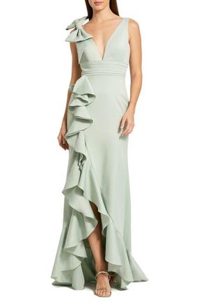 Mac Duggal Womens Crepe Sleeveless Ruffled V-Neck Gown With Bow in Sage at Nordstrom, Size 10