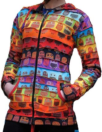 Shopoholic Fashion Women Owl Print Pixie Hooded Rainbow Striped Hippie Jacket, XXL